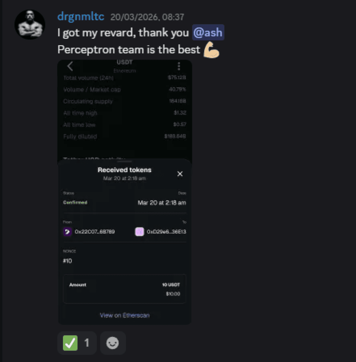 Member confirming reward received with transaction proof
