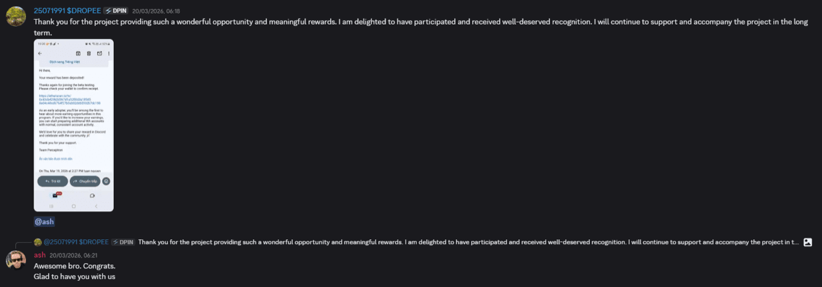 Member sharing reward email and thanking the project
