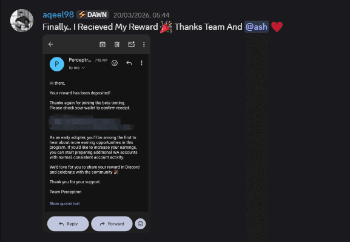 Member showing reward notification email